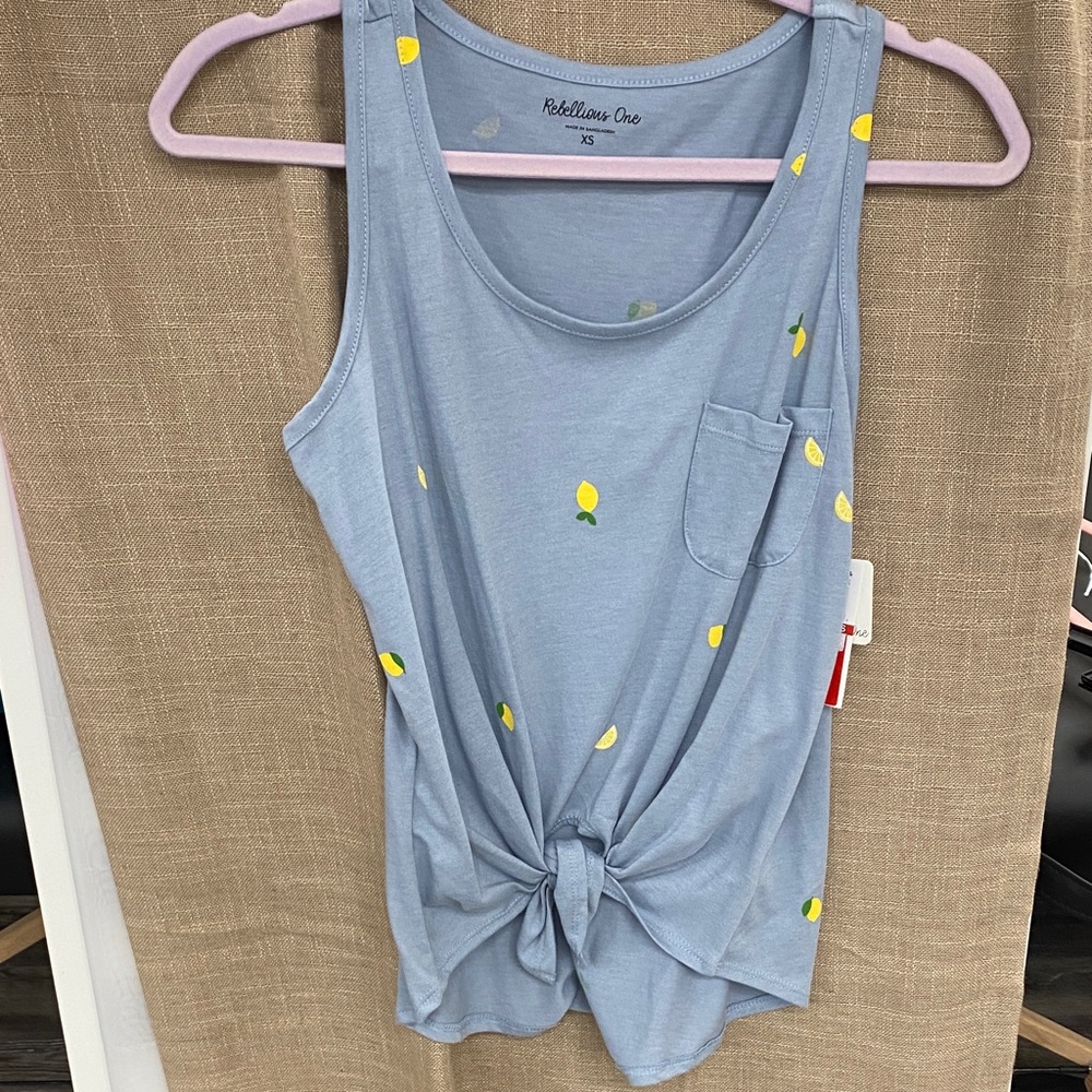 Rebellious One Light Blue Lemon-Print Tie-Front Tank